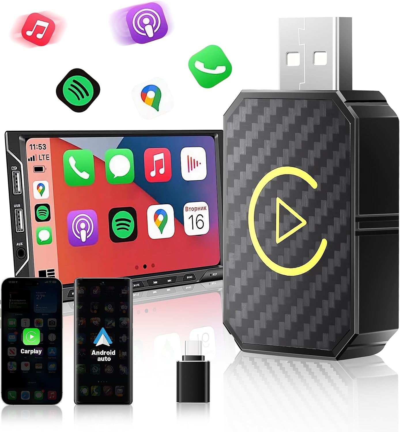 Adaptador Inalámbrico Automático Para Android 2 En 1 & Ca-R-P-Lay, Pug & Play Estable Rápido Con Cable a Dongle Inalámbrico Apto Para Automóviles, Actualización En Línea, Negro